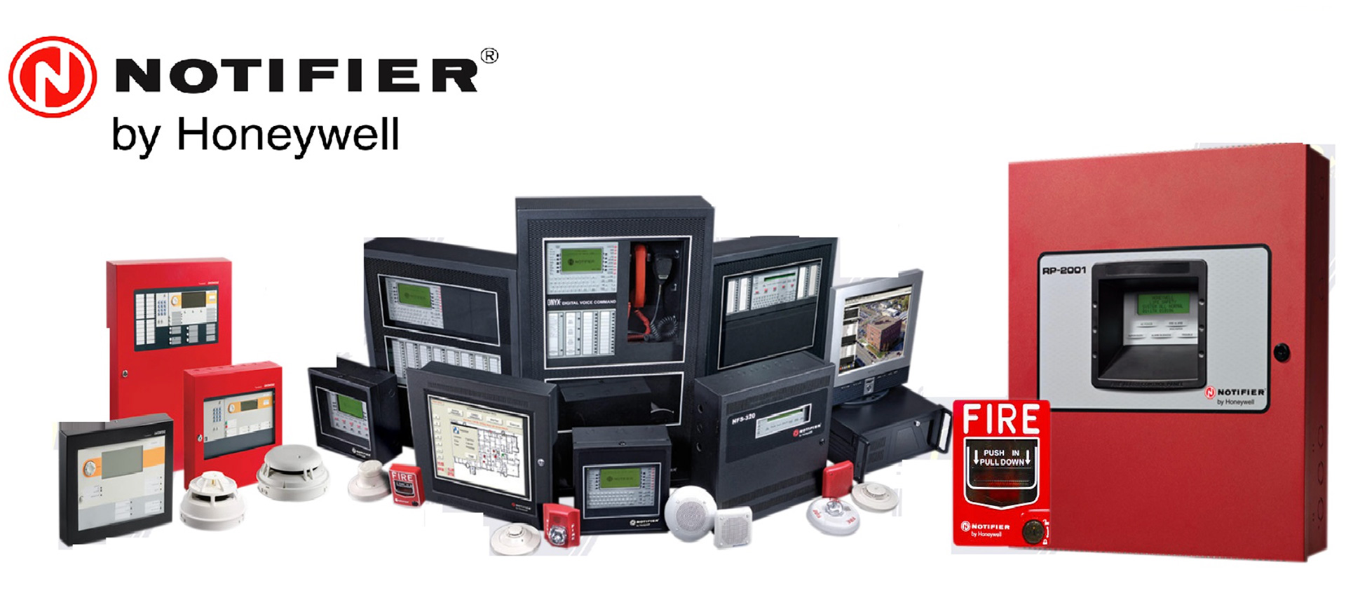 Notifier by Honeywell fire alarm equipment collection including panels, detectors, and pull stations